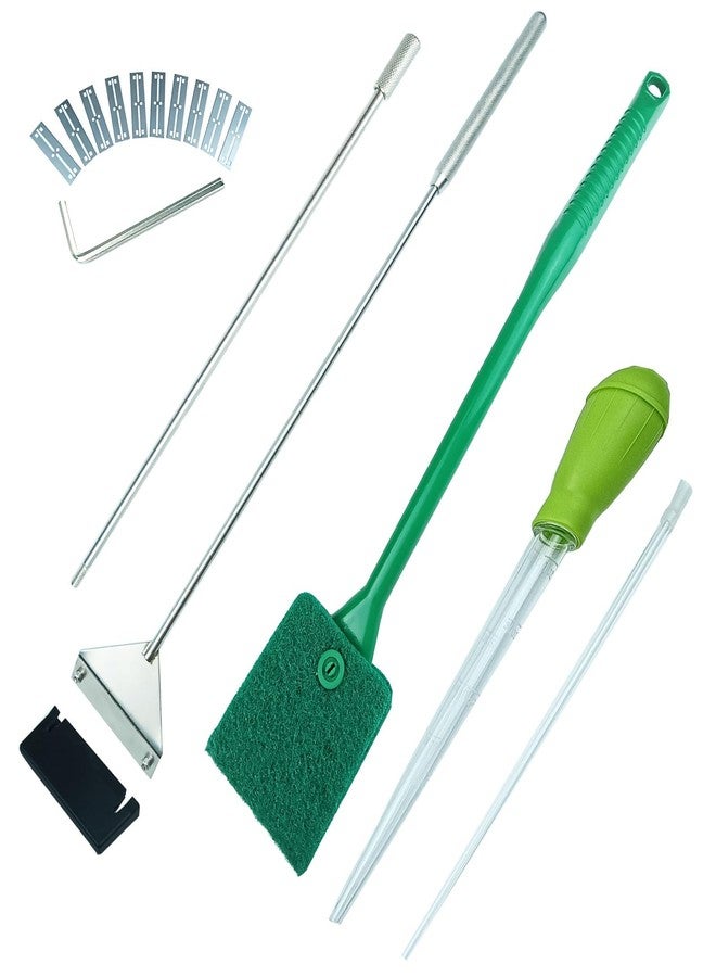 Fecsam 25.2 Inch Aquarium Algae Scraper/Remover for Glass Fish Tanks, Stainless Steel Cleaner Tool Kit/Cleaning Accessories with 10 Replaceable Blades + Coral Feeder + Double-Sided Sponge Brush - Image 1